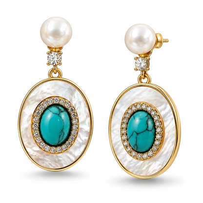 Golden Turquoise Oval Drop Earrings