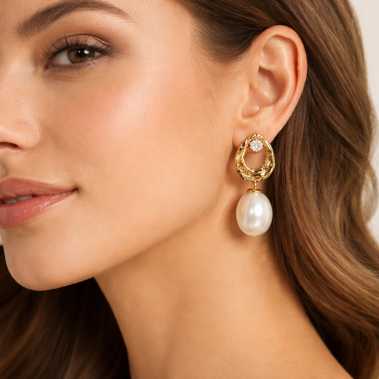 Textured Gold & Pearl Drop Stud Earrings