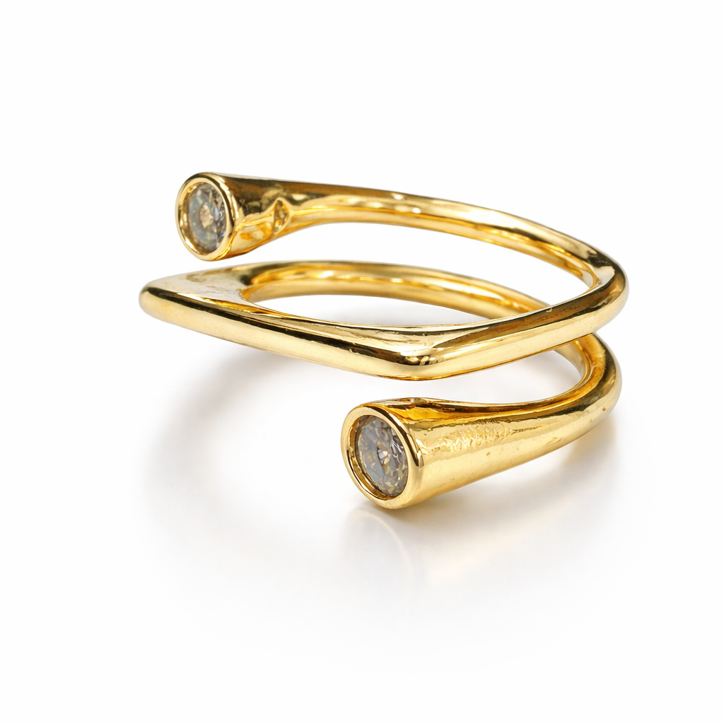 Gold plated dual crystal open band ring from Jinam with adjustable size and elegant design.