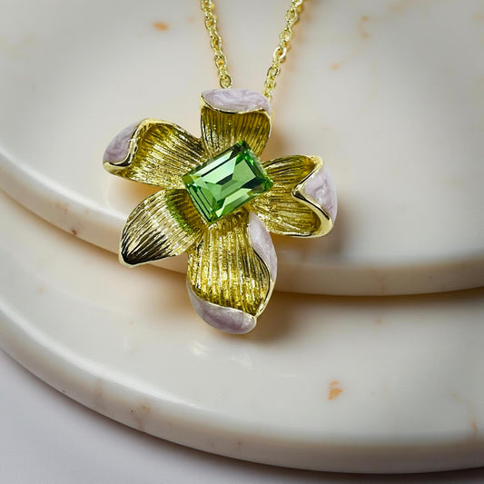 Elegant Gold-Plated Floral Jewellery Set with Green Stone