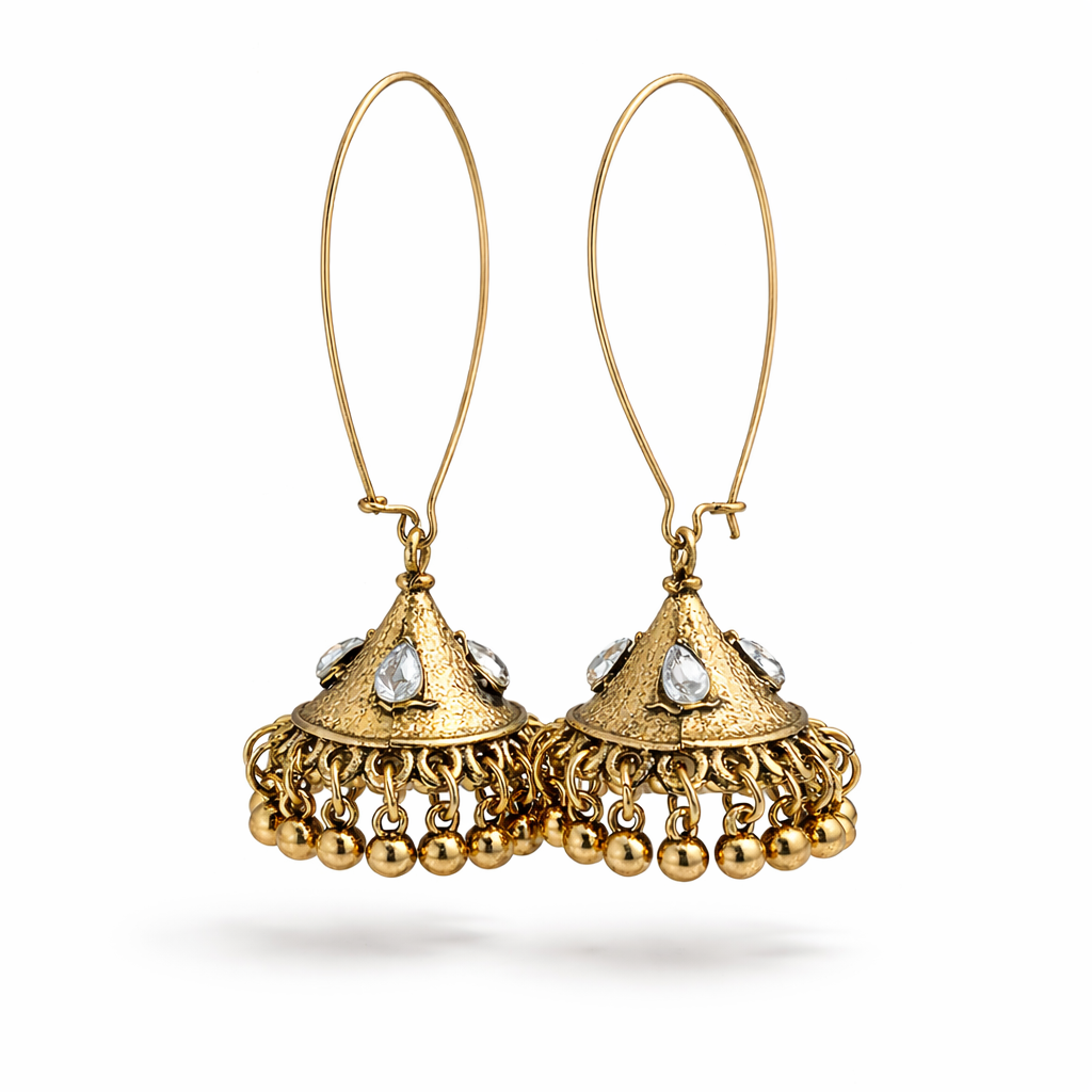 Antique Gold Jhumka Hoop Earrings with Kundan Stones & Ghungroo Drops