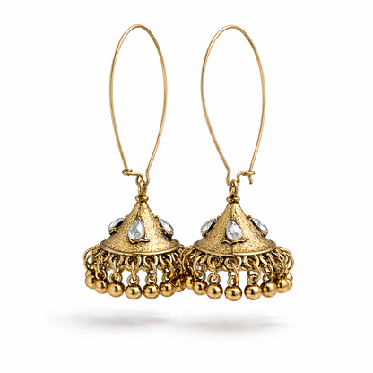 Antique Gold Jhumka Hoop Earrings with Kundan Stones & Ghungroo Drops