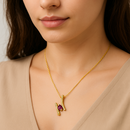 Elegant Purple Stone Pendant Necklace with CZ Bars – Gold Plated