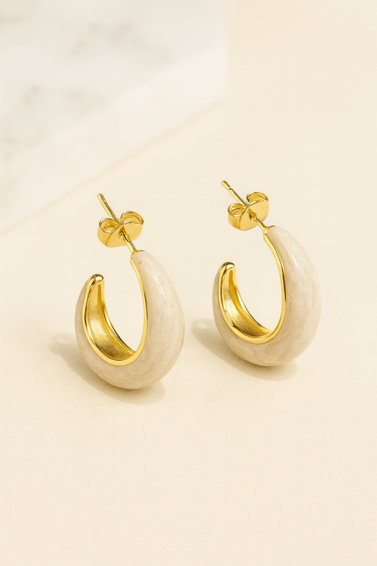 Beige Enamel Chunky Hoop Earrings