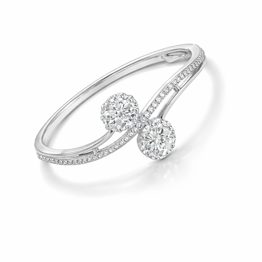 Silver-plated dual floral CZ bracelet by Jinam featuring intricate flower designs and sparkling cubic zirconia accents.