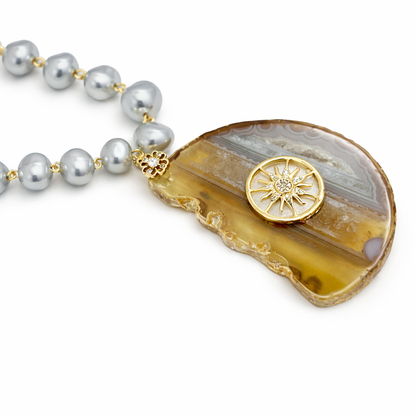 Grey Pearl Agate Pendant Necklace Set