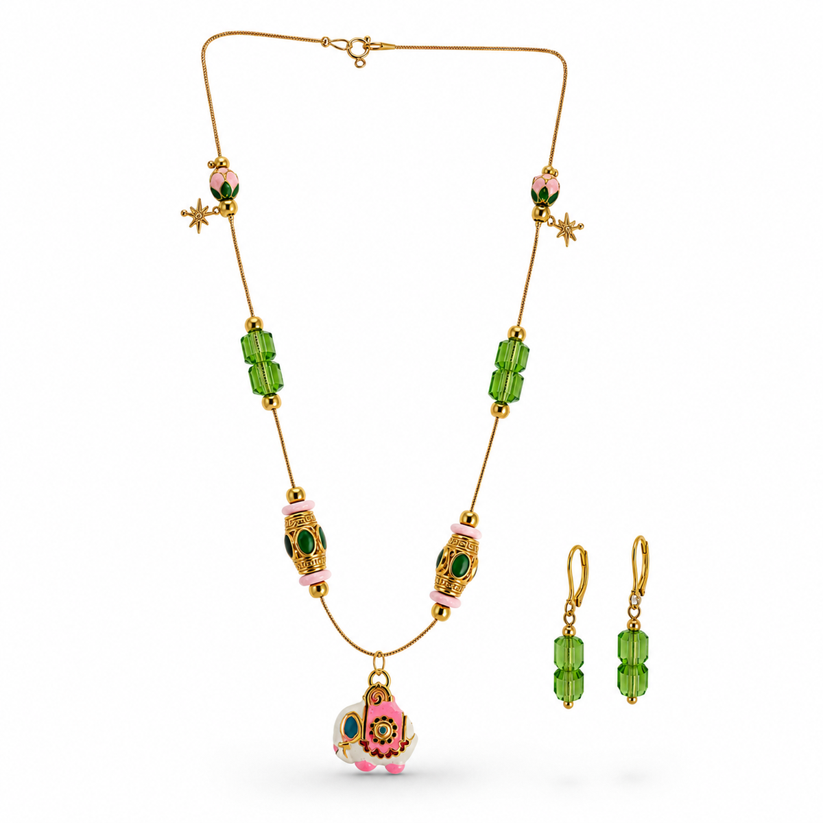 Meenakari Elephant Necklace and Earrings Set full chain view on white