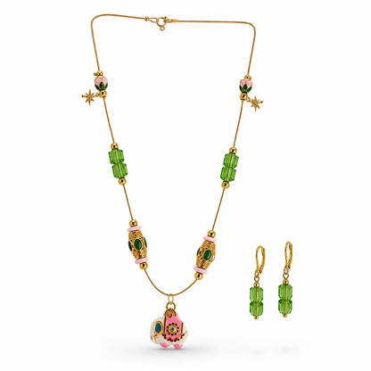 Meenakari Elephant Necklace and Earrings Set full chain view on white