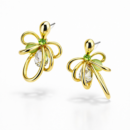 Elegant green crystal bow pendant set with matching earrings and chain by Jinam, featuring sparkling crystal details.