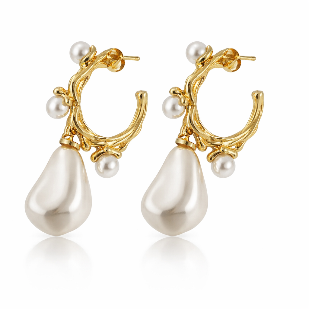Luxury Gold Textured Hoop Earrings with Baroque Pearl Drop