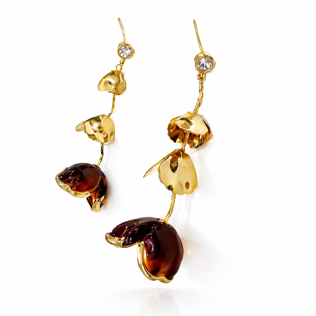 Amber Floral Gold Drop Earrings with Crystal Stud
