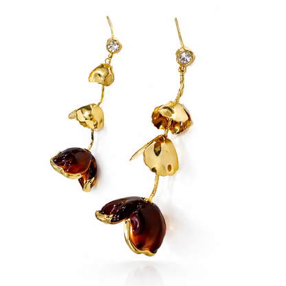 Amber Floral Gold Drop Earrings with Crystal Stud