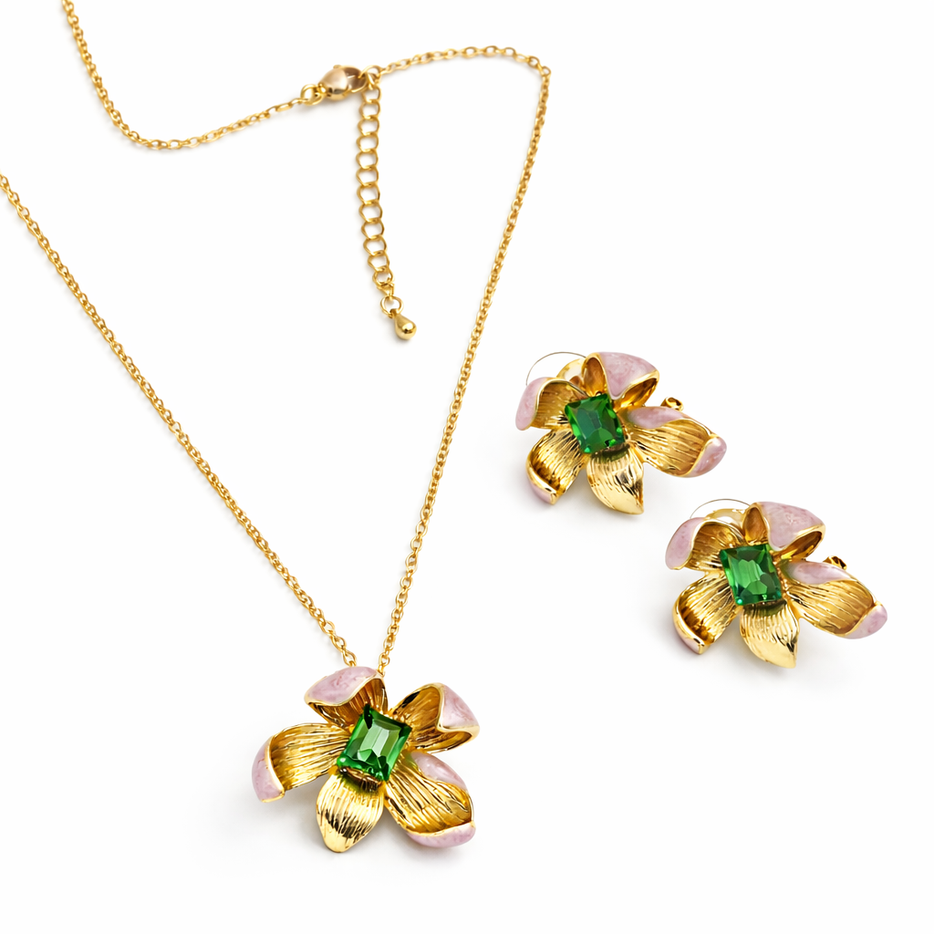 Elegant gold-plated floral pendant jewelry set with green stones, featuring earrings and matching necklace by Jinam.