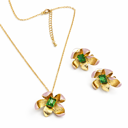 Elegant gold-plated floral pendant jewelry set with green stones, featuring earrings and matching necklace by Jinam.