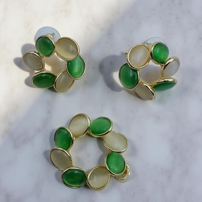 Elegant Dual-Tone Green & Beige Oval Stone Earrings