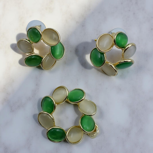 Elegant Dual-Tone Green & Beige Oval Stone Earrings