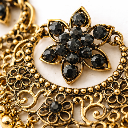 Antique Gold Black Crystal Floral Chandbali Earrings with Ghungroo Drops