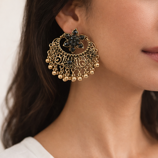 Antique Gold Black Crystal Floral Chandbali Earrings with Ghungroo Drops