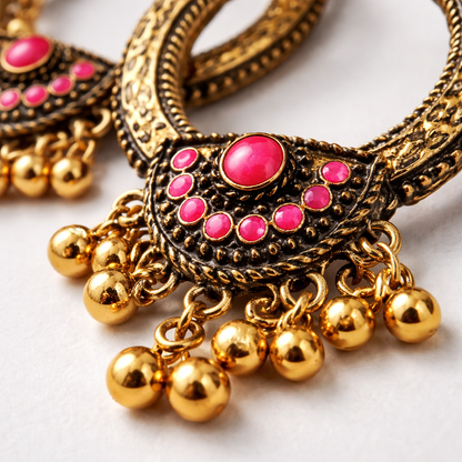 Antique Gold Open Hoop Earrings with Pink Stones & Ghungroo Drops