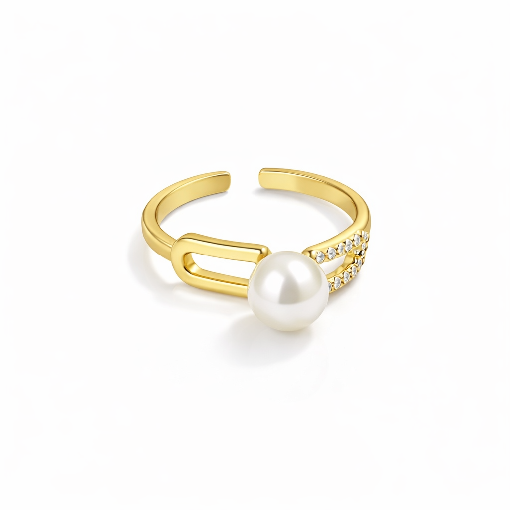 Gold-plated pearl link jewelry set with pendant, earrings, and ring featuring CZ accents, anti-tarnish finish by Jinam.
