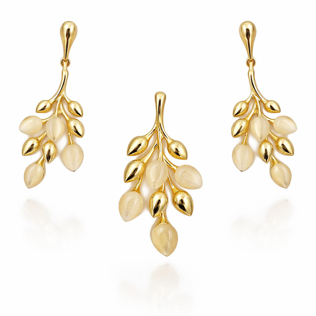 Gold-plated leaf cluster pendant and earrings set by Jinam, featuring elegant nature-inspired jewelry for women.