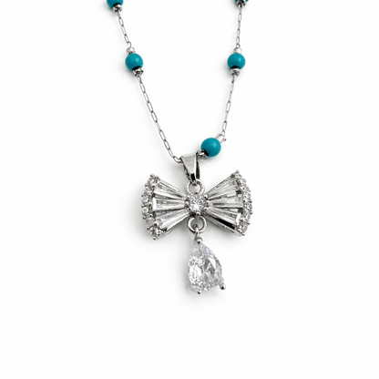 Turquoise Beaded Bow Crystal Drop Necklace