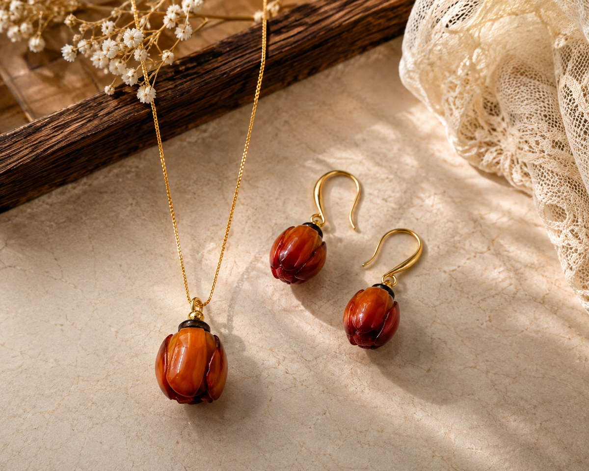 18K Gold Plated Amber Floral Necklace & Earrings Set | Jinam