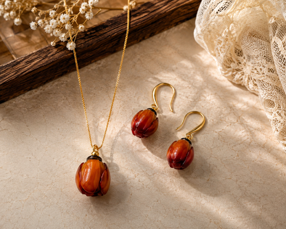 18K Gold Plated Amber Floral Necklace & Earrings Set | Jinam