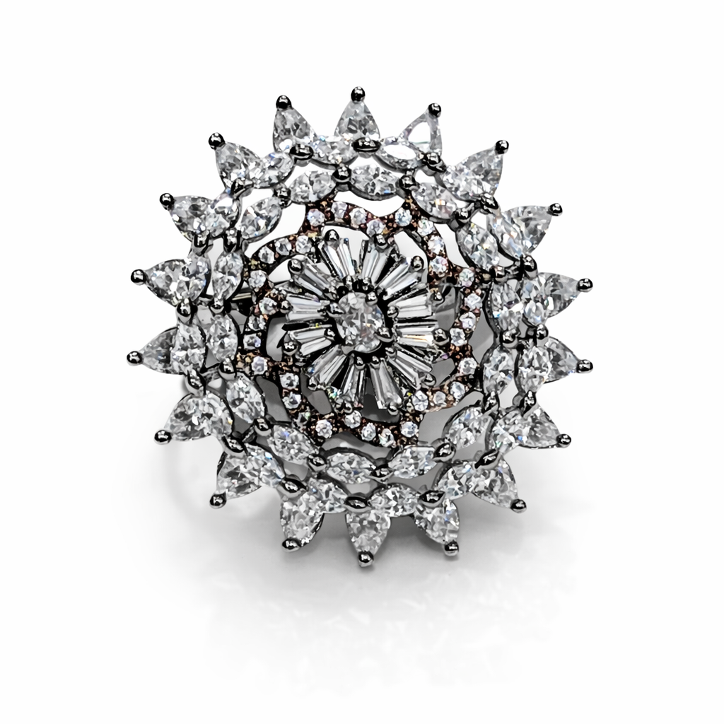 Crystal Radiance Floral Ring in Silver-Tone Finish