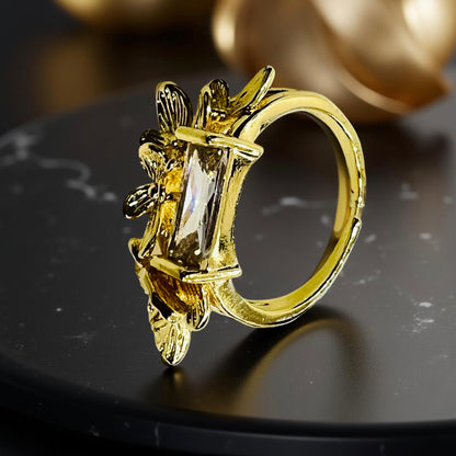 Butterfly Garden Statement Ring with Rectangle Crystal - Adjustable Gold Finish
