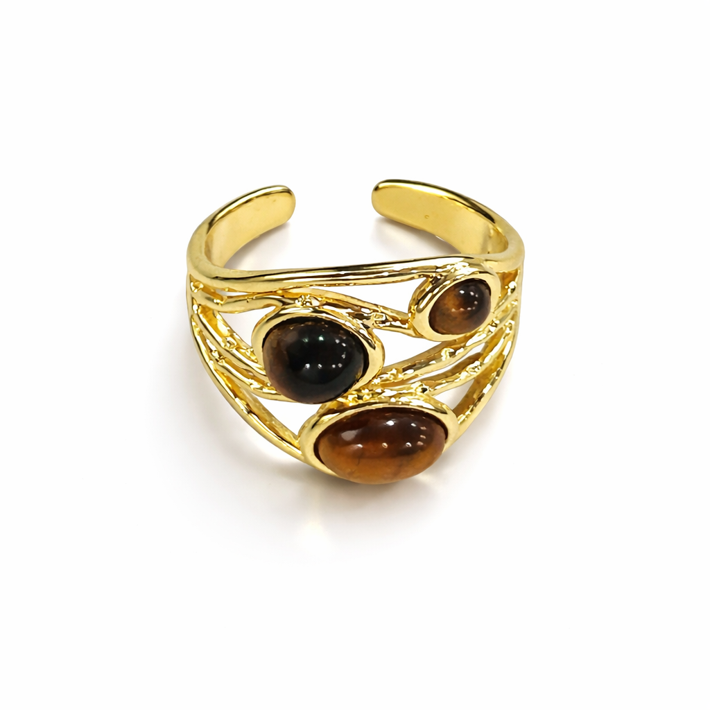 Jinam Golden Tiger Eye multi-stone statement ring featuring a bold design with polished tiger eye stones and intricate metalwork.