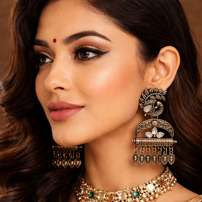 Antique Gold Peacock Chandelier Earrings with Kundan Stones & Leaf Drops
