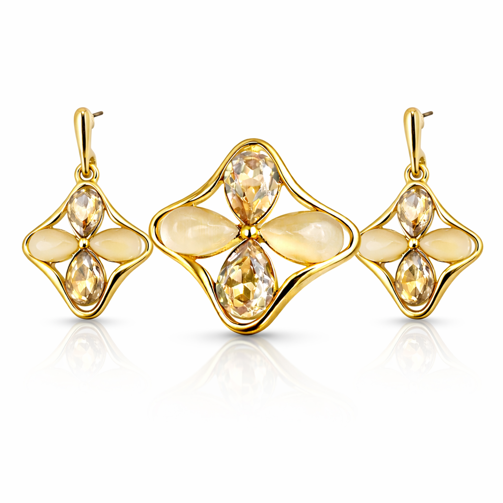 Jinam elegant floral quad-petal pendant and earrings set with gold-tone metal and floral design, stylish jewelry for women