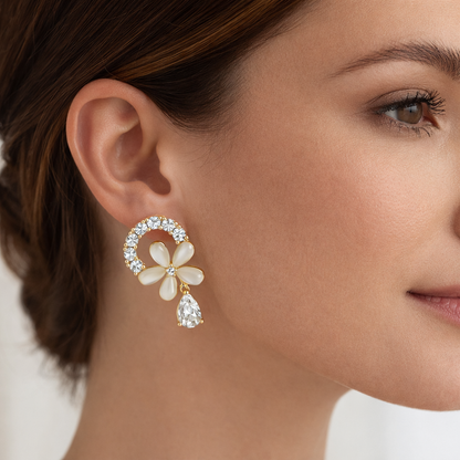 Floral Pearl & Crystal Drop Stud Earrings