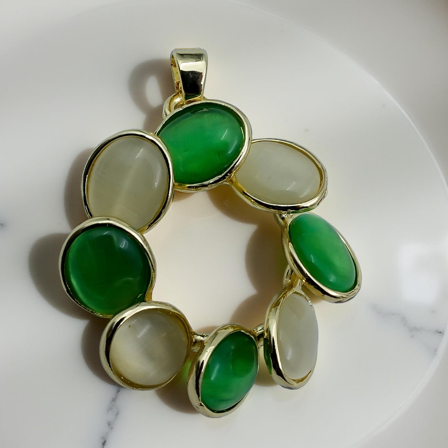 Elegant Dual-Tone Green & Beige Oval Stone Earrings