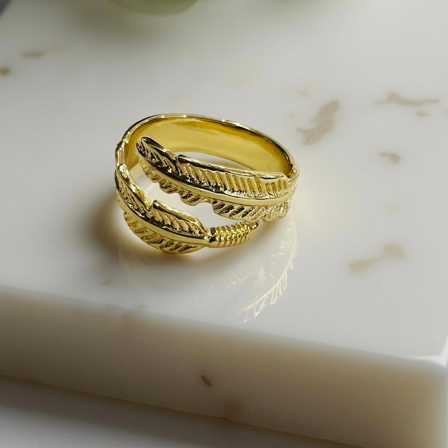Gold Feather Bracelet & Ring Combo – Elegant Nature-Inspired Set