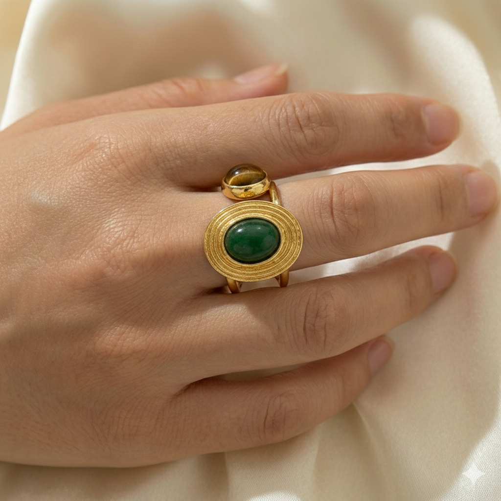 Jinam dual stone open adjustable statement ring featuring two stones and a modern, open design in silver-tone metal.