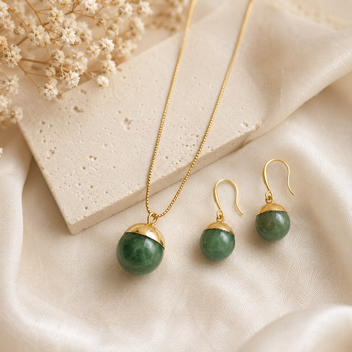 18K Gold Plated Green Stone Necklace & Earrings Set | Jinam