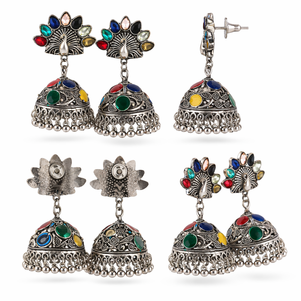 Oxidised Silver Peacock Jhumka Earrings with Multicolour Stones & Ghungroo Drops