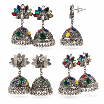 Oxidised Silver Peacock Jhumka Earrings with Multicolour Stones & Ghungroo Drops
