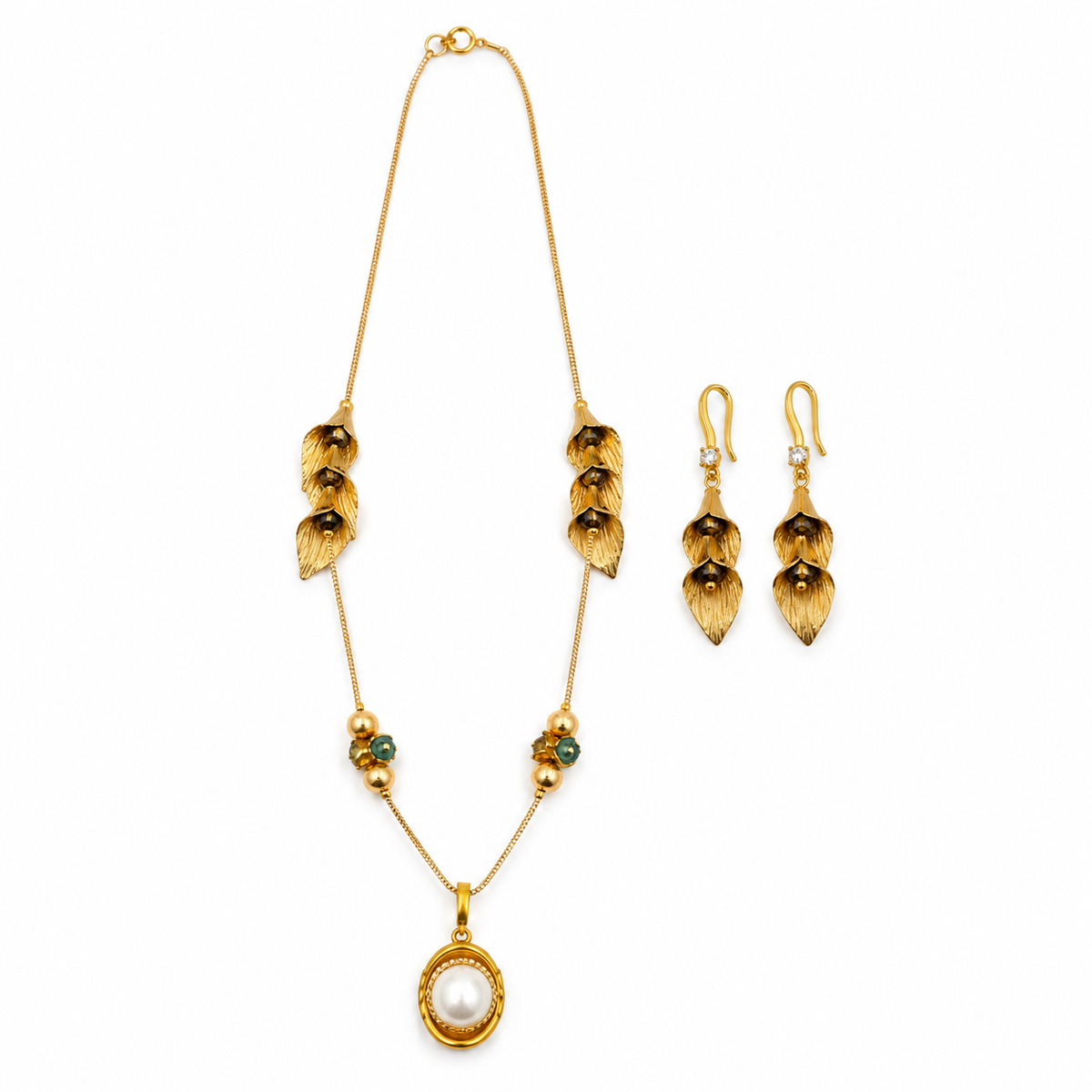 Gold Calla Lily Leaf Pendant Necklace Set with Pearl and Smoky Crystal Beads on white background