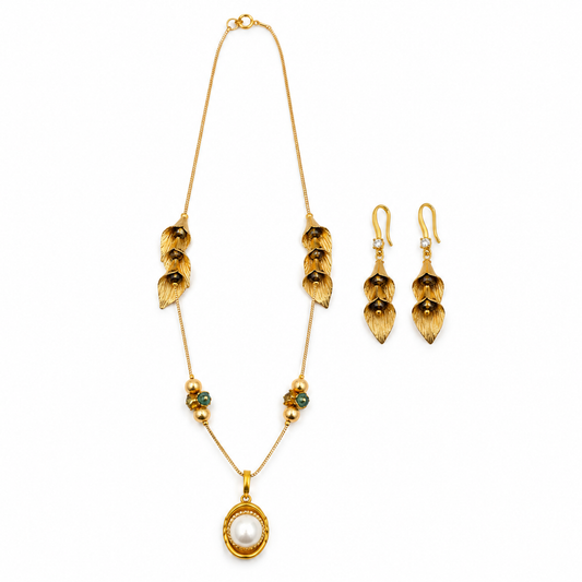 Gold Calla Lily Leaf Pendant Necklace Set with Pearl and Smoky Crystal Beads on white background