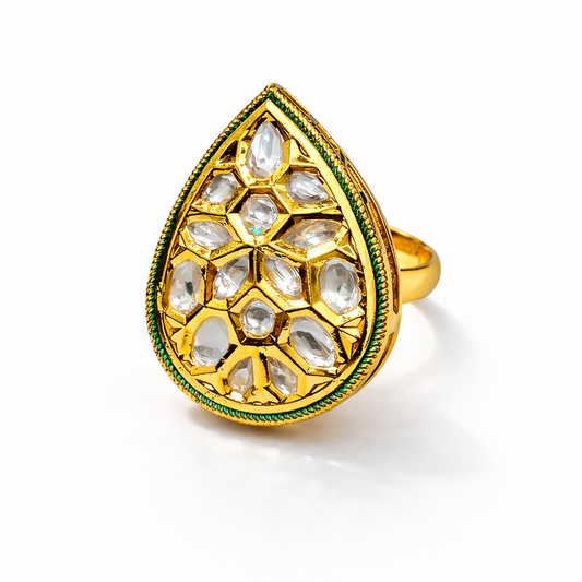 Teardrop Polki Ring in Antique Gold Finish