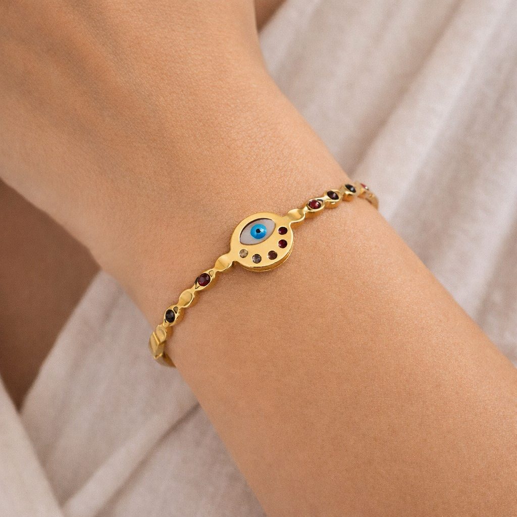Gold Evil Eye Bracelet with Multicolor Stones