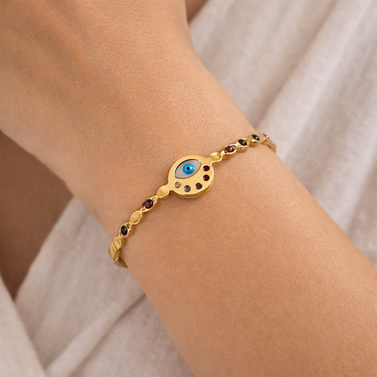 Gold Evil Eye Bracelet with Multicolor Stones