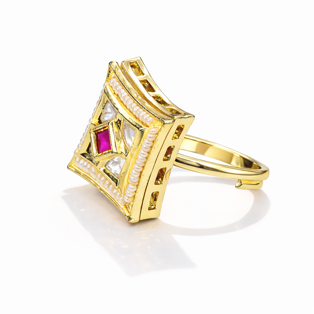 Regal Ruby Square Kundan Ring in Gold-Tone Finish