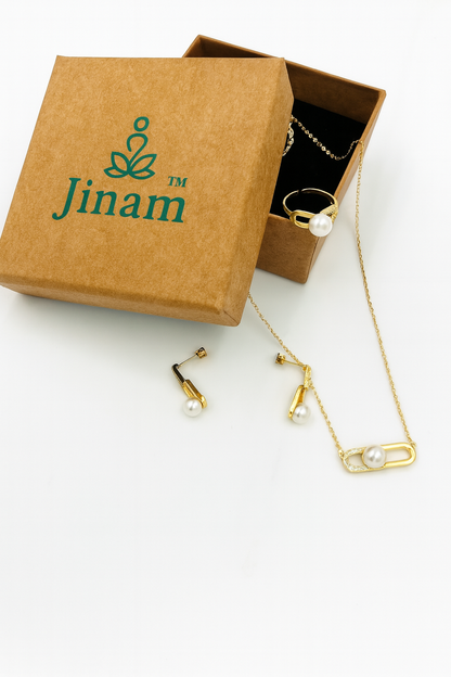 Gold-Plated Pearl Link Jewellery Set for Women (Necklace, Earrings & Ring) | CZ Accents | Anti-Tarnish