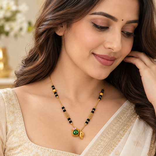 Black Beaded Green Medallion Leaf Drop Mangalsutra