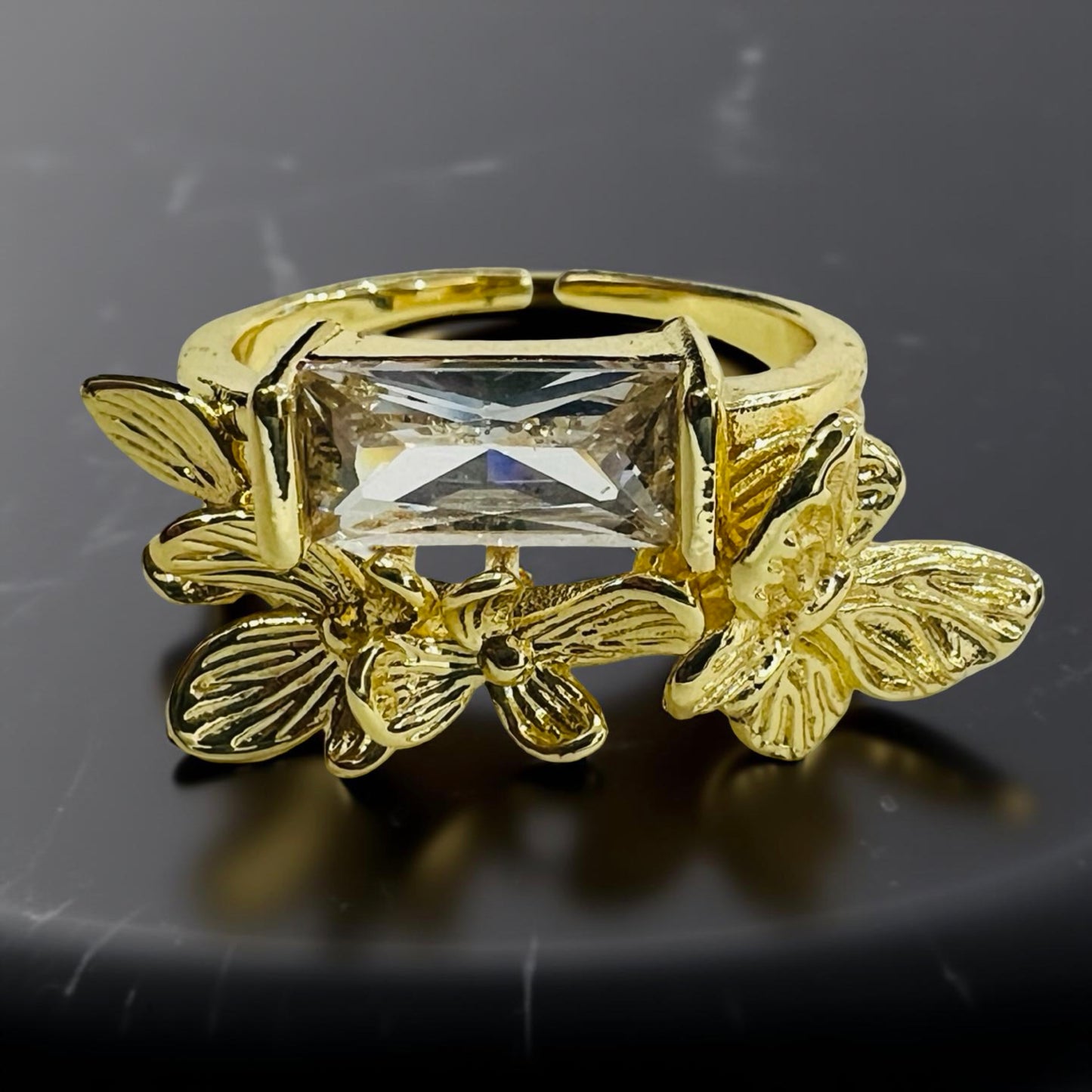 Butterfly Garden Statement Ring with Rectangle Crystal - Adjustable Gold Finish
