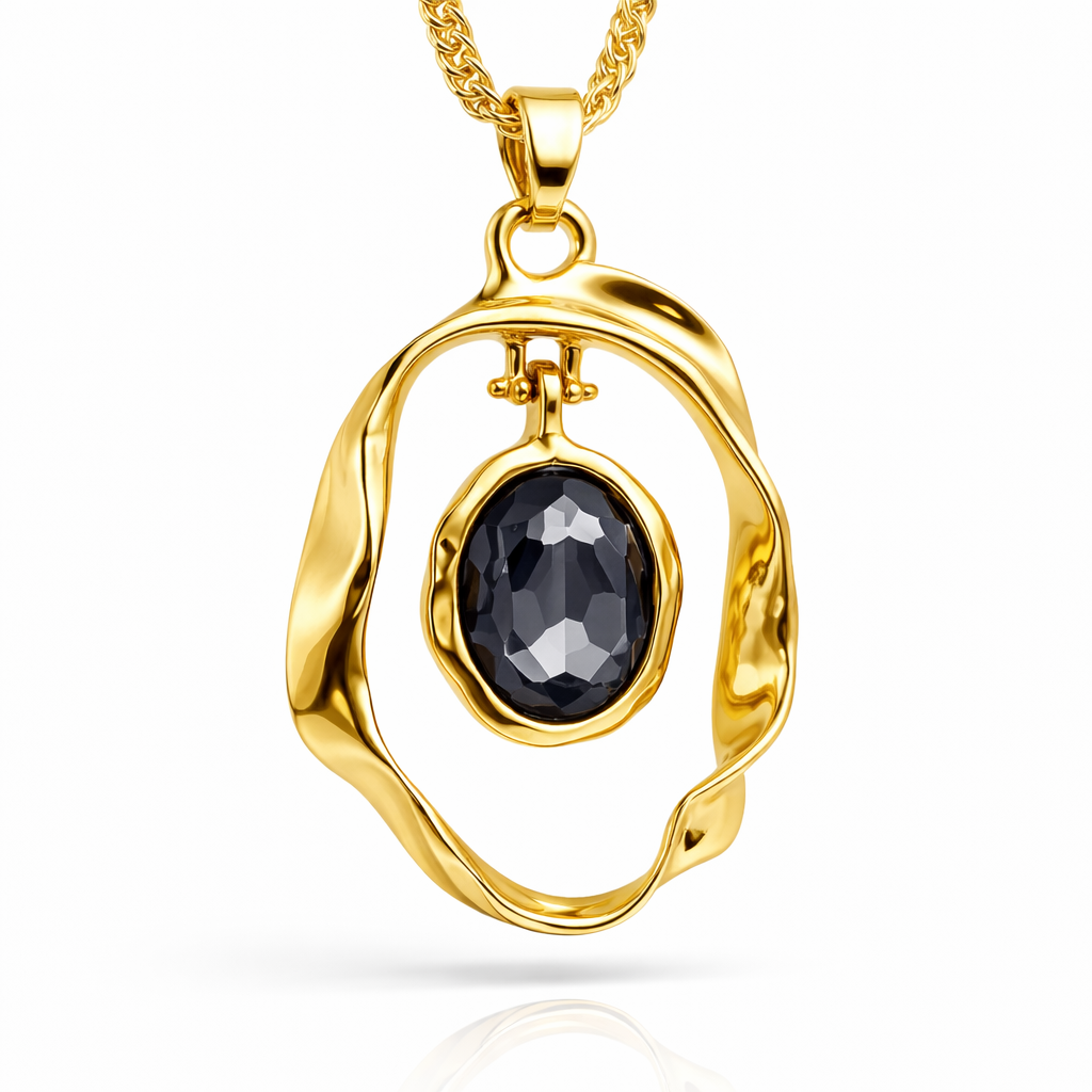 Jinam black crystal pendant necklace with gold plating, anti-tarnish pendant set featuring a sparkling crystal design.